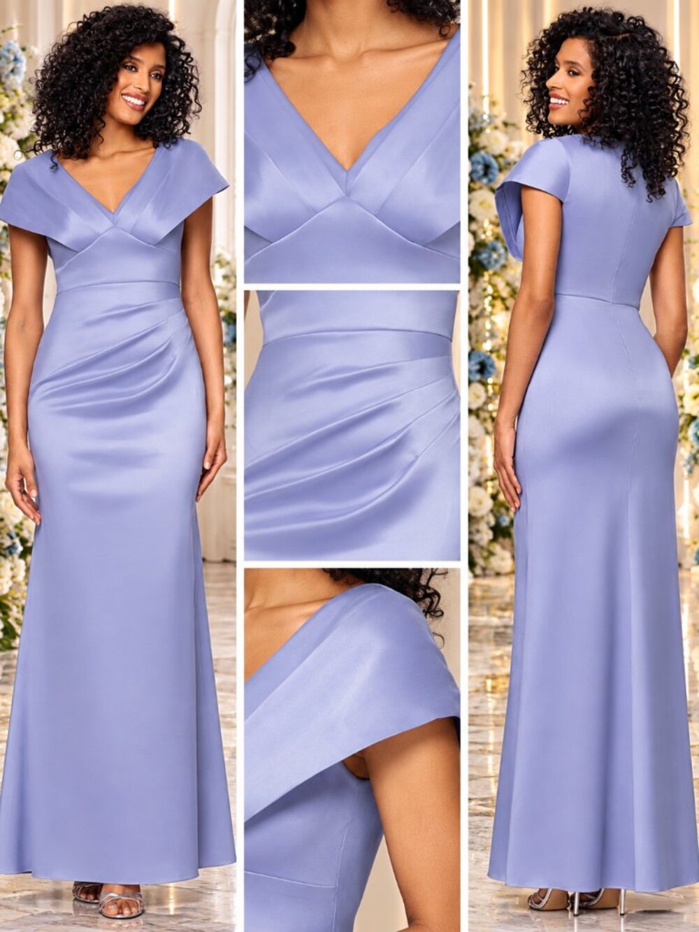 Betsy & Adam Periwinkle V Neck Ruched Petite Formal Maxi Gown 8P NWT